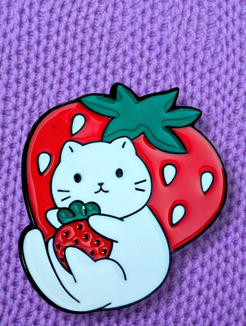 Strawberry Kitty Enamel Pin - Cute Red & White Cat